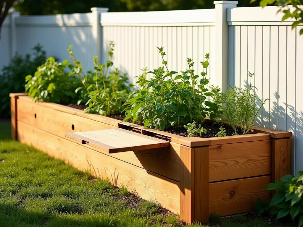 Hidden Tool Storage Raised Garden Bed - A modern raised cedar garden bed along a white fence line, featuring a cleverly integrated wooden storage cabinet with a lift-up lid seamlessly built into one end. The cabinet is partially open, revealing neatly organized garden tools. The bed is filled with lush herbs and vegetables, with trailing plants softening the edges. Natural wood tones contrast beautifully with the greenery, photographed in warm afternoon sunlight with soft shadows. The design emphasizes clean lines and practical functionality while maintaining an aesthetic appeal.