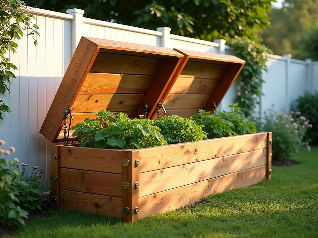 Hinged Access Raised Garden Bed - A beautiful wooden raised garden bed along a white fence line, featuring elegant hinged cedar top panels that are partially opened to reveal a well-organized storage and composting area beneath. The bed is filled with thriving vegetables and herbs, while climbing plants gracefully ascend the fence. Soft afternoon sunlight casts gentle shadows across the rustic wood construction, highlighting the practical yet aesthetically pleasing design. The hinges and hardware are in antique brass finish, adding a sophisticated touch to the functional garden feature.