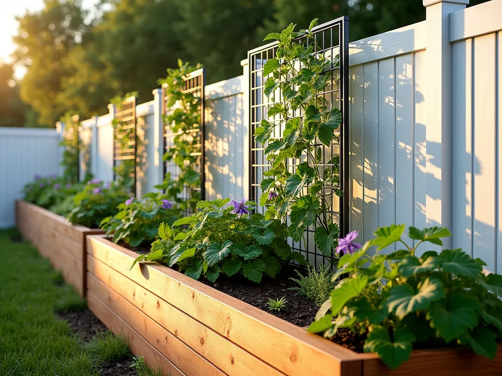 Integrated Trellis Raised Bed System - A professional, photorealistic view of an elegant wooden raised garden bed along a white fence line, featuring a sleek integrated trellis system. The bed is crafted from cedar planks with a modern finish, rising 2 feet from the ground. The trellis consists of black metal grid panels that extend 6 feet up the fence, creating a beautiful growing wall. Lush cucumber vines and purple flowering clematis intertwine through the trellis, creating a stunning vertical display. Rich, dark soil fills the bed, where young pea shoots emerge at the base. Dappled sunlight filters through the foliage, casting intricate shadows on the fence. The scene captures a perfect balance of architectural structure and natural growth, photographed during golden hour.