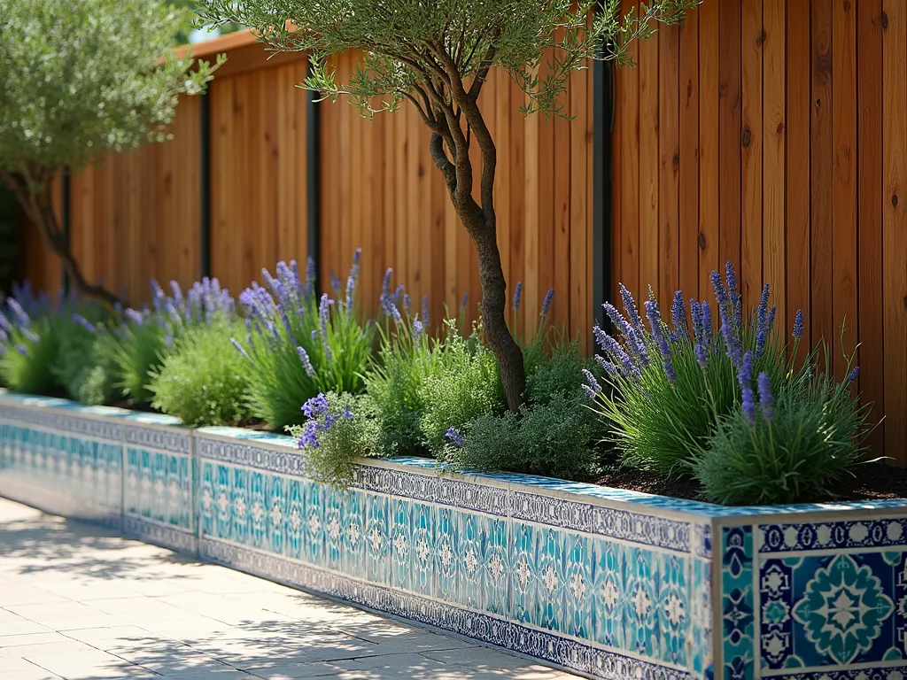 Mediterranean Geometric Tiled Raised Garden - A elegant raised garden bed along a wooden fence, faced with intricate blue and white Moroccan-inspired geometric tiles. The raised bed features cascading herbs and Mediterranean plants. The tiles create a stunning mosaic pattern with hexagons and stars in turquoise, cobalt, and white. Lavender and rosemary spill over the decorative tiled edges, while olive branches from a small tree provide dappled shade. Shot in warm afternoon sunlight, showcasing the detailed tilework and lush plantings. Photorealistic, architectural photography style.