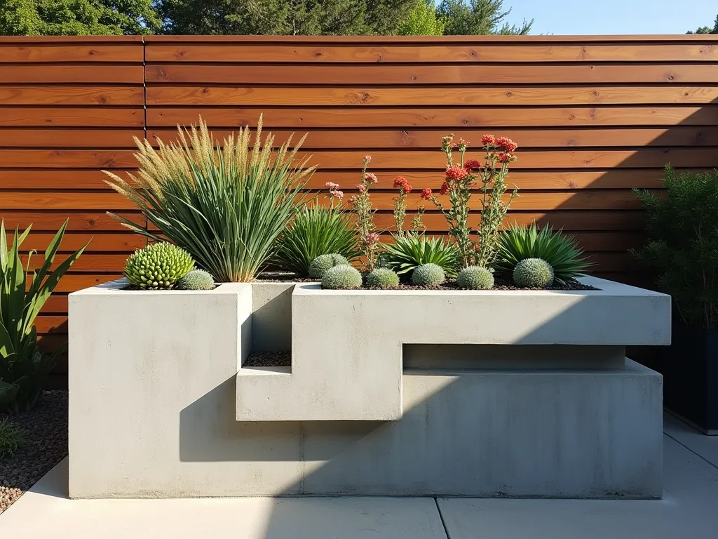 Modern Concrete Block Raised Garden - A stylish modern raised garden bed made of light gray concrete blocks along a contemporary horizontal slat fence. The blocks are stacked in a clean geometric pattern, creating a sleek industrial aesthetic. Small succulents and herbs grow from the side holes of the blocks, while the main bed is filled with a mix of ornamental grasses and flowering perennials. The late afternoon sunlight casts dramatic shadows across the structure, emphasizing its architectural lines. The concrete blocks are perfectly aligned, creating a minimalist and organized appearance. High-quality professional photography, sharp focus, architectural composition.