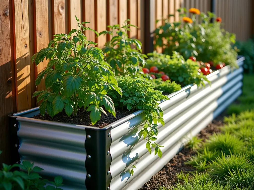 Modern Corrugated Metal Garden Bed - A stylish raised garden bed made from sleek corrugated metal panels in galvanized silver, positioned along a wooden fence. The bed is 2 feet tall and 8 feet long, featuring a clean industrial design with crisp corners. Lush organic vegetables and herbs spill over the edges, creating a dramatic contrast against the metal. Late afternoon sunlight casts subtle shadows across the corrugated texture. The bed contains thriving tomato plants, cascading herbs, and flowering vegetables. Architectural photography style, high resolution, modern industrial aesthetic.