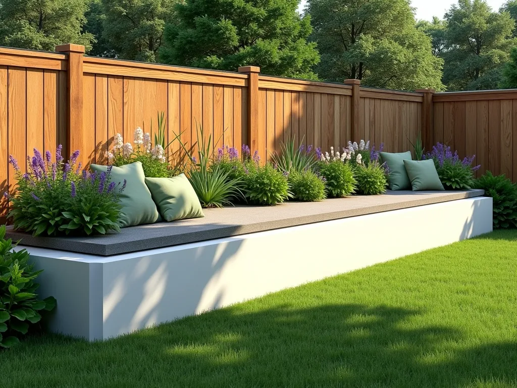 Modern Raised Garden Bed with Built-in Seating - A pristine raised garden bed along a wooden fence line, featuring a wide concrete cap that serves as integrated seating. The contemporary design shows smooth white-painted masonry walls, 18 inches high with a 16-inch wide top perfect for sitting. Lush herbs and flowering perennials spill over the edges, while ornamental grasses create movement in the background. The seating area is accented with outdoor cushions in sage green. Natural sunlight casts gentle shadows across the structure, creating a warm and inviting garden scene. Photorealistic, architectural photography style.