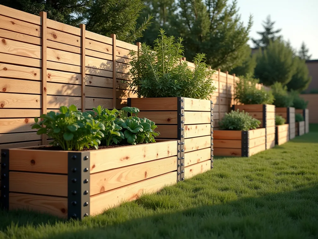 Modular Connected Garden Beds - A professional architectural photograph of elegant modular raised garden beds along a wooden fence line, connected by sleek metal brackets and joints. The beds are made of light cedar wood in varying heights and lengths, creating a dynamic geometric pattern. Some beds are perpendicular to others, forming an interlocking design. The beds are filled with thriving vegetables and herbs at different stages of growth. Soft evening light casts gentle shadows, highlighting the clean lines and modern design. The modular system features visible connecting points and adjustable components, suggesting its adaptable nature. Photorealistic, high-end garden design, 8k resolution.