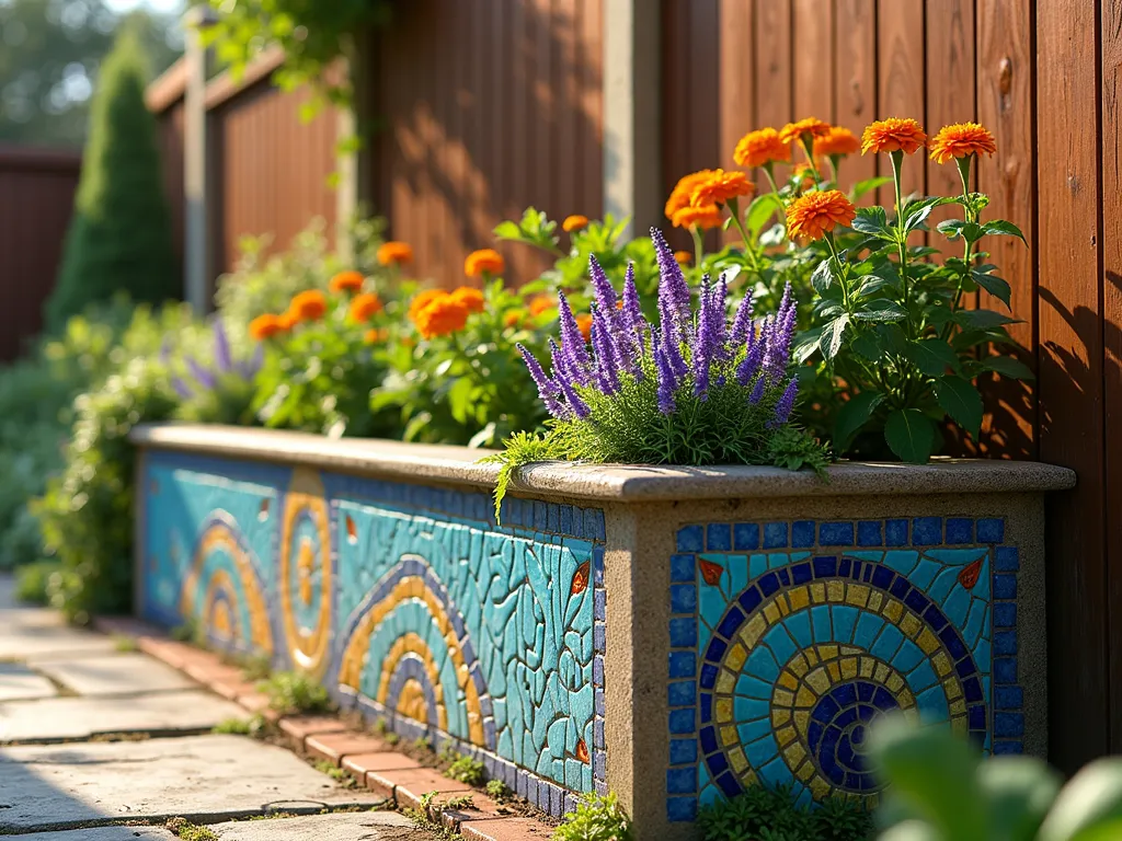 Mosaic Art Raised Garden Border - A sunlit raised garden bed along a wooden fence, featuring a stunning exterior decorated with colorful mosaic tiles in swirling patterns of blue, turquoise, and golden yellow. Broken pottery pieces create intricate floral designs along the concrete sides. Trailing plants cascade over the decorated edges, while purple salvia and bright marigolds bloom inside. The mosaic artwork catches the afternoon light, creating a magical, Mediterranean-inspired garden space. Photorealistic, high detail, warm lighting, 4k.