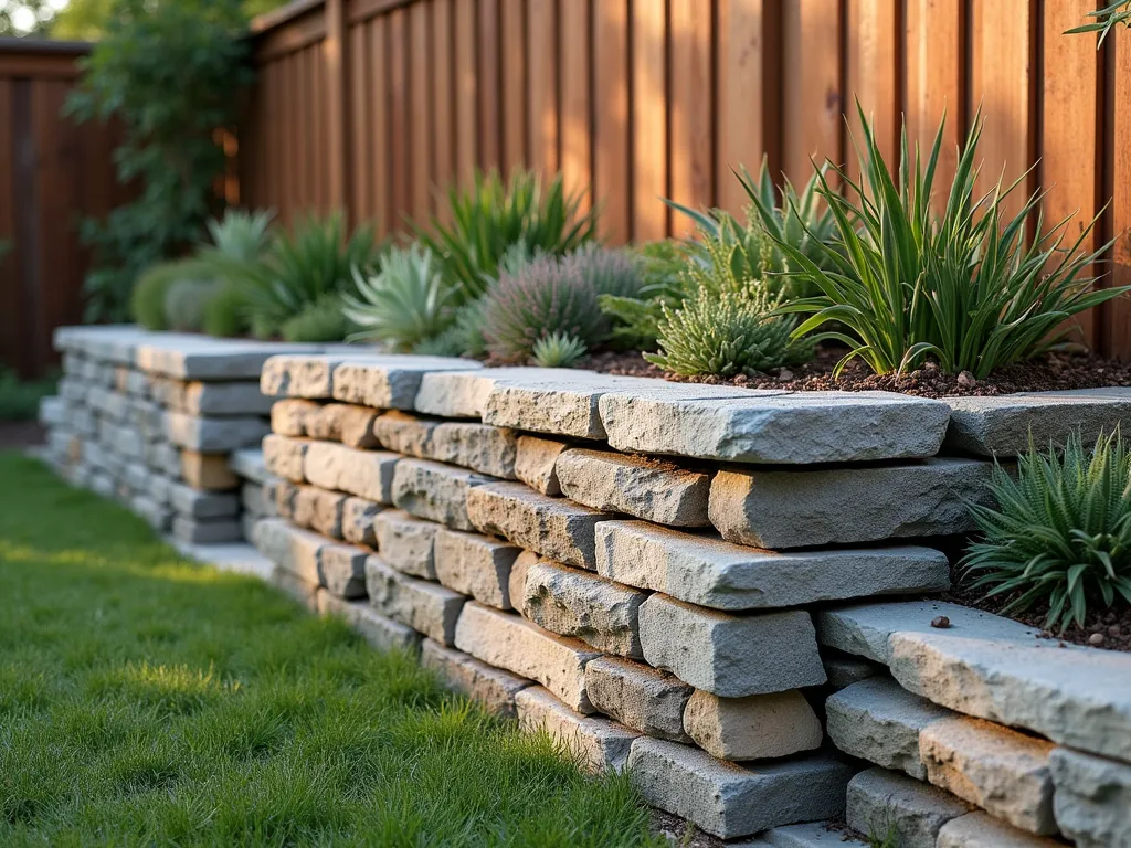 Rustic Stone Stack Garden Border - A photorealistic side view of a beautifully stacked natural stone raised garden bed along a wooden fence, with varying sizes of weathered granite and limestone creating organic patterns and small crevices. Alpine plants and succulents peek out between the stones, cascading down the face. The bed is filled with rich soil and drought-tolerant plants. Soft evening lighting creates dramatic shadows between the stones, highlighting their natural textures. Professional garden photography style, f/8, 35mm.