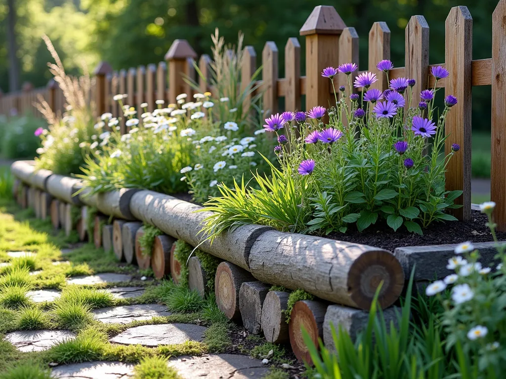 Rustic Log Border Garden Along Fence - Photorealistic side view of a charming raised garden bed made from natural halved cedar logs along a wooden fence line. The logs are weathered and silver-gray, stacked to create an 18-inch high border. The bed is filled with rich, dark soil and overflowing with cottage garden flowers including purple coneflowers, white daisies, and native grasses. Morning sunlight filters through, casting dappled shadows across the rustic logs. The natural woodland aesthetic is enhanced by small patches of moss growing on the logs, with a stone pathway visible in the foreground. Photographed in high resolution with soft natural lighting, f/5.6, 35mm lens.