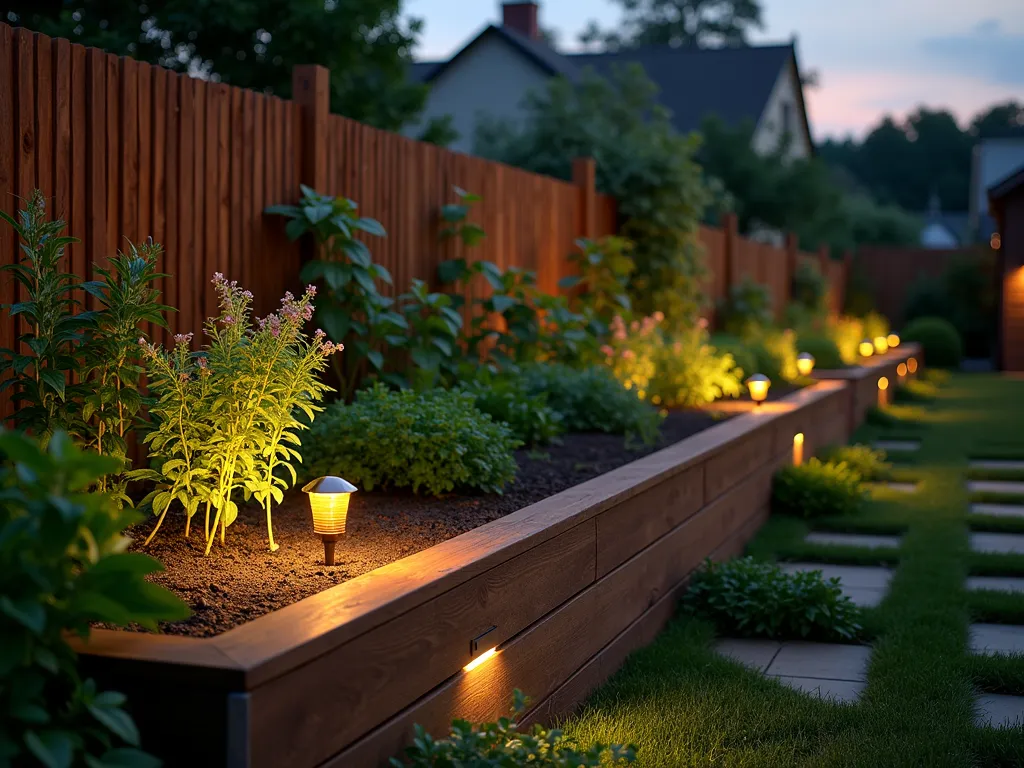 Solar-Lit Evening Raised Garden - A beautiful dusk scene of an elegant wooden raised garden bed along a rustic fence line, illuminated by built-in solar lights. The lights are embedded along the bed's edges, casting a warm, gentle glow that highlights flowering plants and vegetables. The garden bed features a mix of herbs and flowering plants cascading over the edges, with taller plants near the fence. The solar lights create dramatic shadows and light patterns across the plants and garden structure. The atmosphere is serene and magical, with the last hints of sunset in the background. Photorealistic, professional garden photography style, depth of field, ambient lighting.