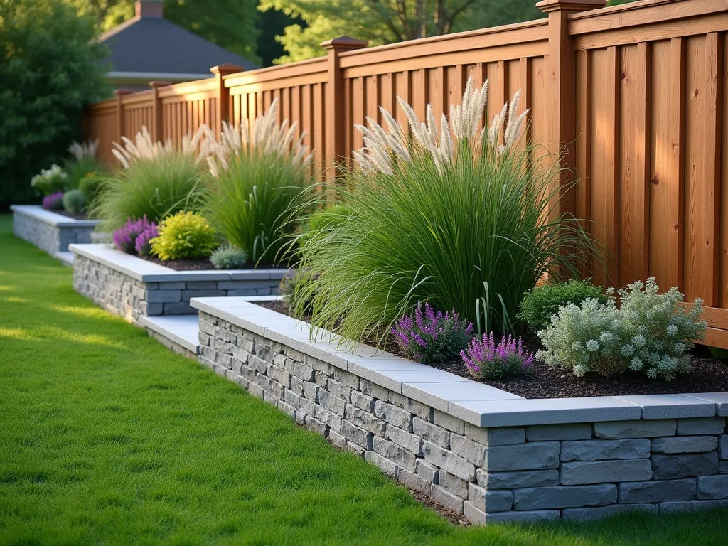 Luxurious Stone Veneer Raised Garden - A sophisticated raised garden bed along a wooden fence, featuring elegant grey stone veneer exterior with subtle texture. The bed stands 2.5 feet tall with decorative stone caps. Lush perennials and ornamental grasses cascade over the edges, creating a soft contrast against the structured stonework. Late afternoon sunlight casts gentle shadows, highlighting the natural variations in the stone. Professional landscape photography style, clear focus, natural lighting.