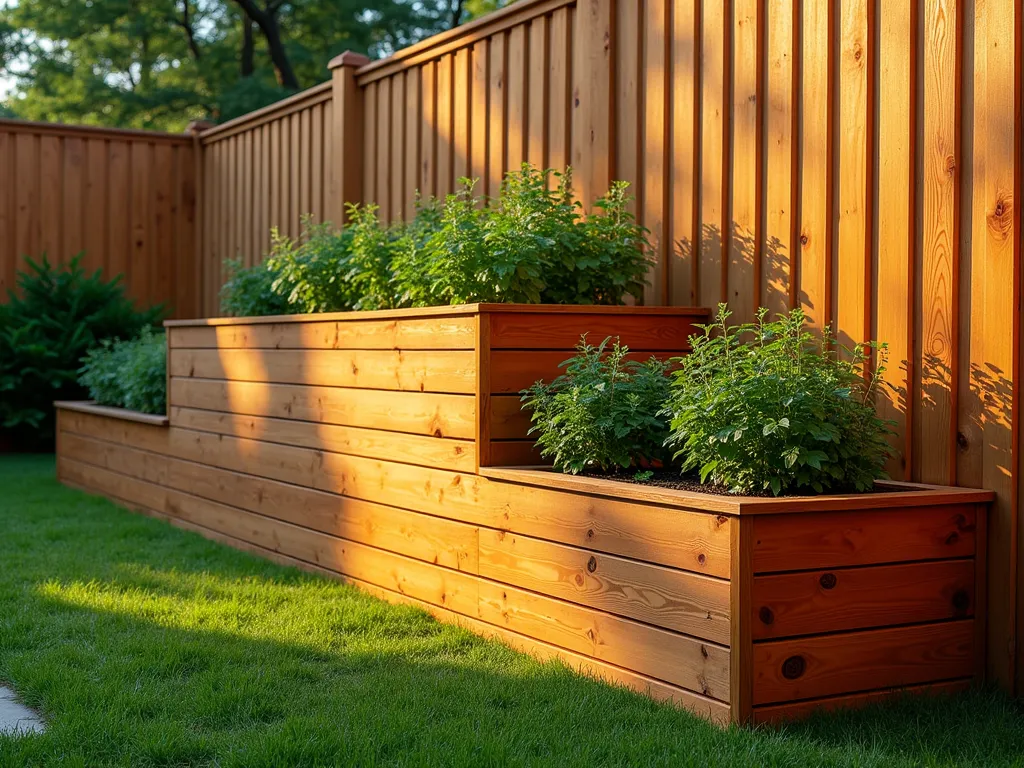 Tiered Cedar Cascade Garden - Professional landscape photograph of a beautiful tiered cedar raised garden bed system against a wooden fence, photographed during golden hour. Three graduating levels of pristine cedar wood planters cascade downward, creating a stunning architectural element. The beds are filled with lush, thriving plants with varying heights. Natural cedar wood grain visible, maintaining its warm honey tones. Soft shadows cast interesting patterns across the structure. Garden beds are perfectly maintained with clean edges and professional construction. Photorealistic, high detail, architectural photography style, f/8, soft natural lighting.