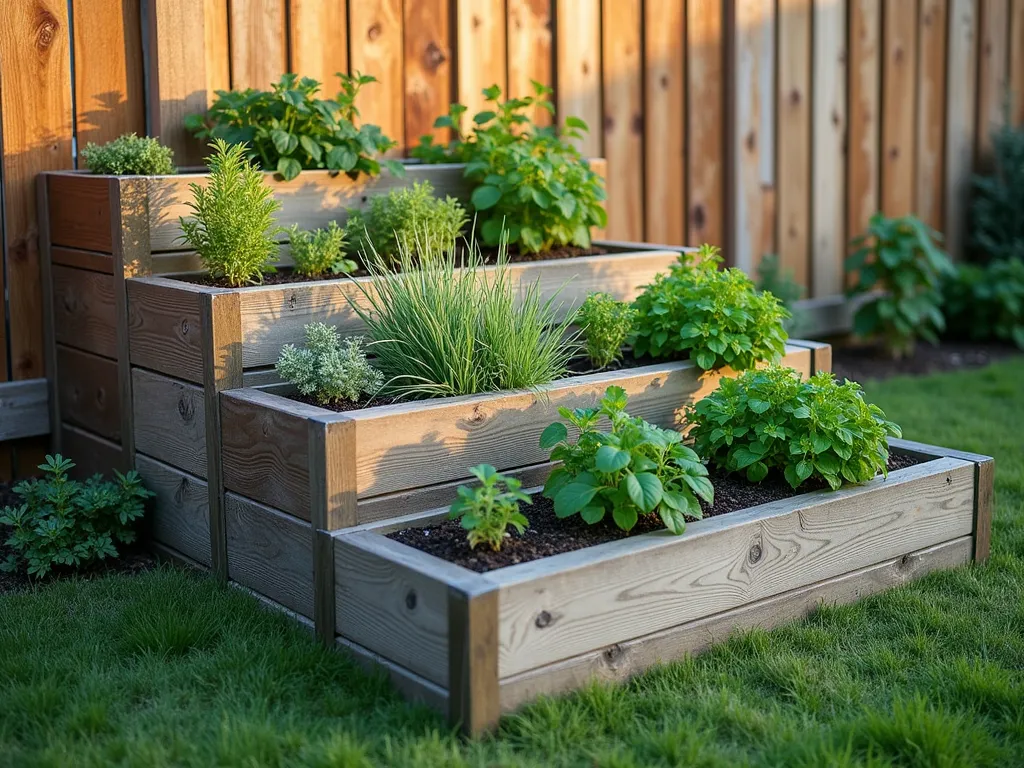 Tiered Herb Garden Steps Along Fence - A beautifully arranged stepped herb garden with three cascading wooden raised beds against a rustic fence, photographed during golden hour. The beds are stair-stepped, with the tallest at 3 feet, middle at 2 feet, and lowest at 1 foot. Each tier features thriving Mediterranean herbs with sage, rosemary, and lavender in the back, basil and thyme in the middle, and creeping herbs like oregano cascading over the front tier. Natural cedar wood construction, weathered to a silver-gray, with neat geometric lines. Soft sunlight filtering through the herbs creating gentle shadows, professional landscape photography style, photorealistic quality.