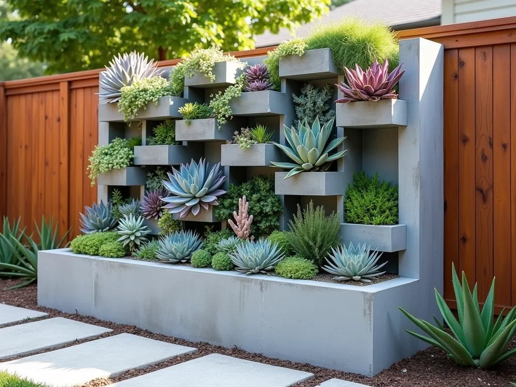 Vertical Succulent Wall Garden - A modern, artistically designed raised garden bed against a wooden fence, featuring a stunning vertical succulent wall display. Multiple tiers of built-in geometric pockets overflow with diverse, colorful succulents in shades of blue, pink, green, and purple. Echeveria rosettes, trailing string of pearls, and spiky aloe create a living tapestry effect. The raised bed is constructed from contemporary light gray concrete blocks with a smooth finish, creating a sophisticated contrast against the natural wood fence. Soft afternoon lighting casts gentle shadows across the textured plant arrangement.