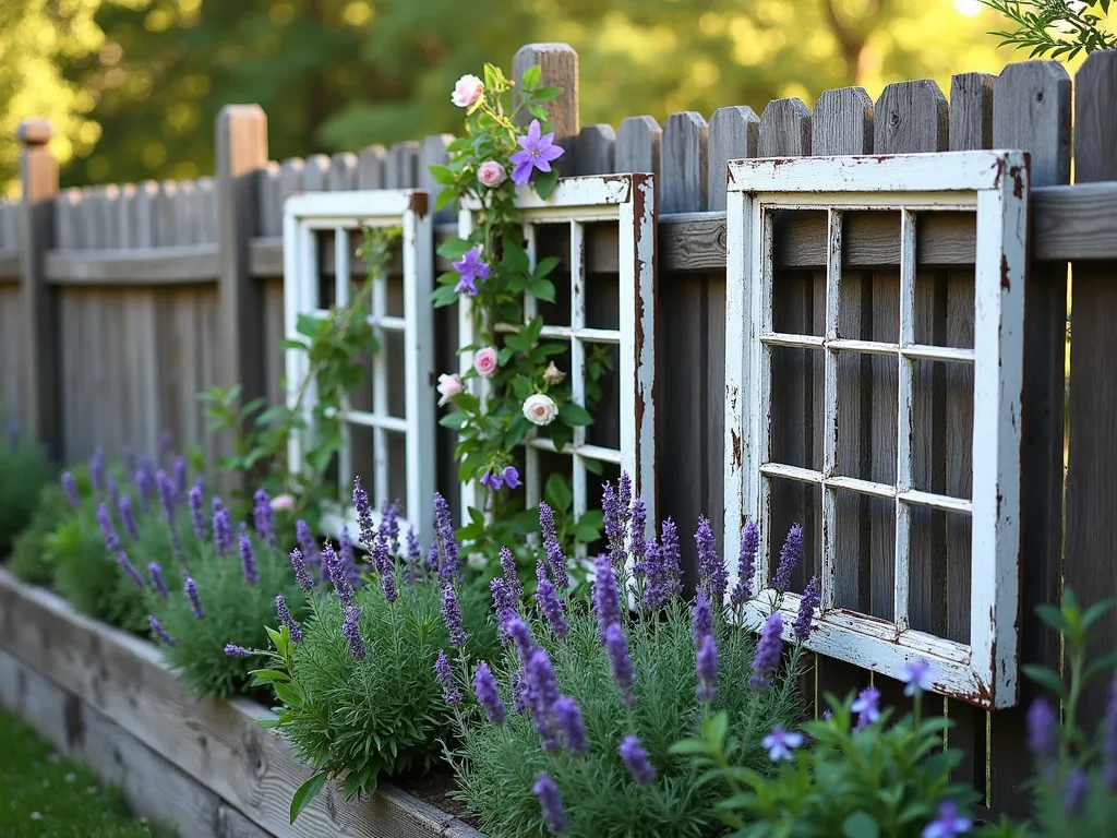 Vintage Window Frame Trellis Garden - A charming raised garden bed along a wooden fence, featuring three weathered white vintage window frames mounted as trellises. Purple clematis and climbing roses gracefully wind through the window frames, while lavender and sage grow below in the rustic cedar raised bed. Soft evening sunlight filters through the window panes, casting delicate shadows on the fence. The scene has a romantic, cottage garden aesthetic with a mix of vintage and natural elements.