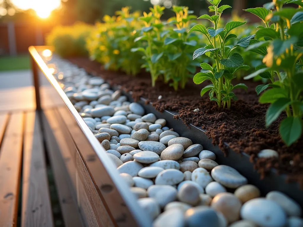 Artistic Pebble Drainage Mosaic in Raised Garden Bed - Close-up shot of a modern raised garden bed with transparent acrylic sides, showcasing a stunning layered drainage system at golden hour. The drainage layer features an intricate mosaic pattern created with smooth river rocks in varying sizes and colors - from small white pebbles to larger grey and brown stones arranged in concentric circles. The late afternoon sun filters through the clear sides, casting warm shadows that highlight the artistic pattern. Above the decorative drainage layer, rich, dark soil supports thriving herbs and flowers, while excess water visibly filters through the beautiful stone arrangement. The bed is positioned in a contemporary garden setting with a wooden deck visible in the soft-focused background.