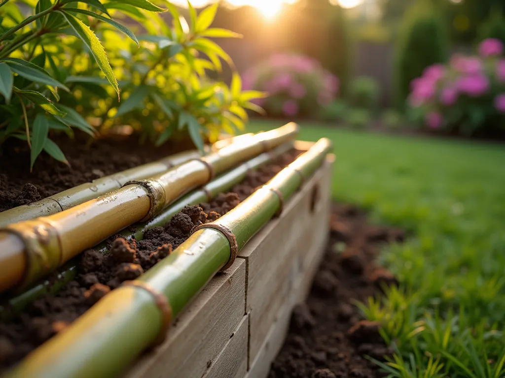 Bamboo Drainage Layer Installation in Raised Garden Bed - Close-up perspective of a partially constructed raised garden bed during golden hour, showing layers of horizontally arranged bamboo poles creating a natural drainage system at the base. The bamboo poles are neatly arranged in a parallel pattern, with some soil visible between them. Soft sunlight filters through nearby Japanese maple leaves, casting dappled shadows across the scene. The raised bed is constructed from weathered cedar planks, and you can see the layered construction process with bamboo poles visible at the bottom, partially covered by a mix of rich, dark soil. Small water droplets on the bamboo highlight its natural water-channeling properties. The surrounding garden features gentle bokeh effects of flowering perennials in the background.