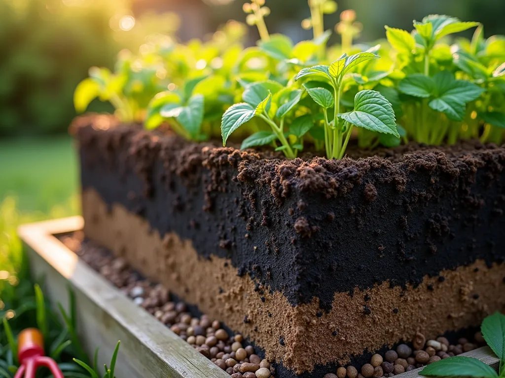 Biochar Layer Garden Bed Cross-Section - Close-up, professional DSLR photo of a meticulously layered raised garden bed cross-section in golden afternoon light. The distinct layers are clearly visible: rich dark topsoil above, followed by a striking black biochar layer, and gravel drainage beneath. Small water droplets visibly percolate through the layers. The biochar's porous structure is detailed in the cross-section, with tiny beneficial microorganisms visible in the texture. Lush vegetables and herbs grow from the top layer, their healthy roots extending down into the biochar. Shot with wide-angle lens at f/8, capturing the entire bed's innovative drainage system in sharp detail. A garden tool rests nearby for scale, and a partially blurred background shows a well-maintained backyard landscape.