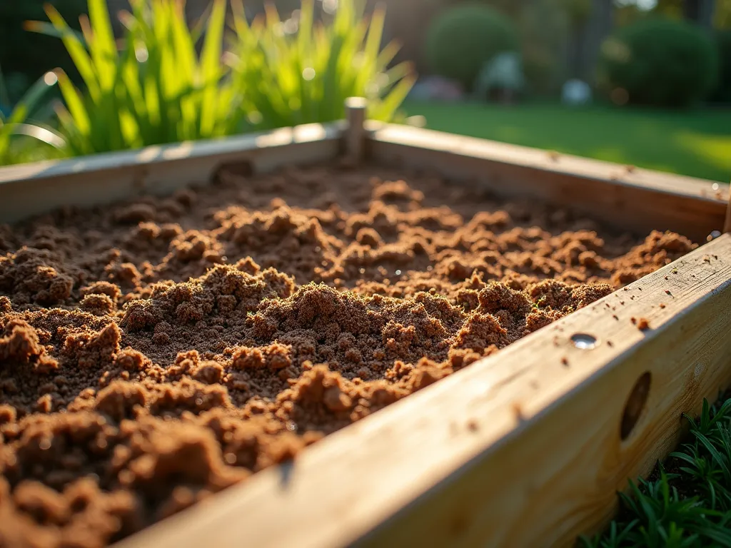 Coconut Coir Garden Bed Base Layer Installation - Close-up macro photographic shot of a wooden raised garden bed during installation, showing a thick, fibrous layer of rich brown coconut coir being spread as the base layer. The natural texture of the coir fibers is clearly visible, with small water droplets glistening on the surface, demonstrating its moisture-retention properties. Warm morning sunlight filters through the scene, casting gentle shadows that highlight the organic texture. The wooden sides of the raised bed frame are weathered cedar, and partially visible above are layers of premium potting soil waiting to be added. A garden setting is softly blurred in the background, featuring lush green vegetation and ornamental grasses.