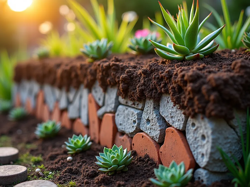 Eco-Friendly Garden Bed Drainage Layer Construction - Close-up photographic shot of a garden bed cross-section at golden hour, showing artistic layers of recycled materials creating drainage. Bottom layer features a geometric pattern of broken terracotta pots and vintage bricks, middle layer displays crushed concrete pieces, transitioning to rich, dark soil on top. Soft sunlight filtering through, creating warm highlights on the textural elements. Several succulent plants visible at soil level, their roots reaching down into the drainage system. Shot with shallow depth of field emphasizing the intricate layering, captured with a digital camera, 35mm focal length, f/2.8, ISO 400.