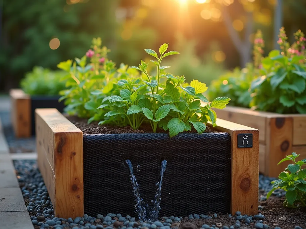 Modern Elevated Mesh Garden Platform - A professional DSLR wide-angle shot of a stylish raised garden bed elevated on a black powder-coated steel mesh platform, captured during golden hour. The bed features multiple layers of thriving vegetables and herbs, with water droplets visible flowing freely through the mesh base. The contemporary design shows the 6-inch elevation gap between the ground and bed base, with natural cedar wood sides contrasting beautifully against the industrial mesh. Soft evening light illuminates the healthy plants and highlights the innovative drainage system, while the background shows a well-maintained garden landscape with bokeh effect. The composition includes detailed texture of the mesh material and demonstrates the practical functionality of the air circulation system.