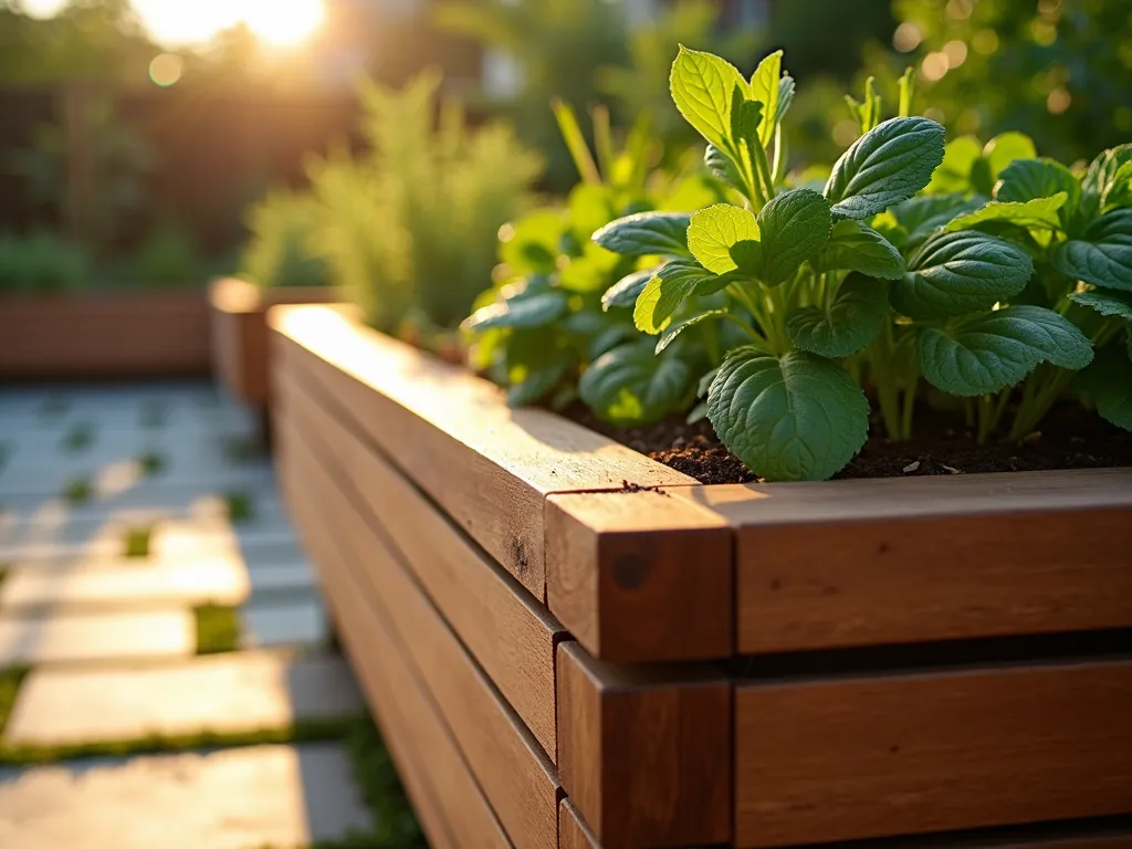 Modern Elevated Garden Bed with Slatted Base - A stunning close-up shot of a contemporary raised garden bed at golden hour, featuring a beautifully crafted slatted timber base made from weather-resistant cedar. The bed is elevated 6 inches off the ground, with precise 1/4-inch gaps between the horizontal slats creating an elegant drainage pattern. Lush vegetables and herbs cascade slightly over the edges, while the low angle captures sunlight filtering through the gaps in the base. The background shows a blurred modern patio space with natural stone pavers. Shot with shallow depth of field highlighting the craftsmanship of the woodwork and the drainage design. Dew drops visible on the wood emphasize the moisture management capability.