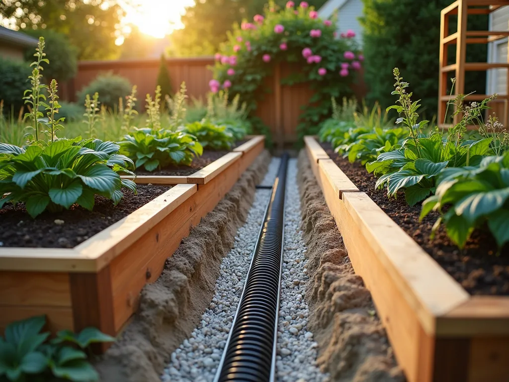 French Drain Installation in Elegant Raised Garden - A professional DSLR photograph capturing the installation process of a French drain system in a well-maintained backyard garden, shot during golden hour. The image shows a cleanly excavated L-shaped trench surrounding a cedar raised garden bed, with layers of gravel and perforated pipe clearly visible. The trench is partially complete, showcasing both finished sections covered with landscape fabric and open sections revealing the professional drainage system. Mature hostas and ornamental grasses border the raised bed, while climbing roses on a wooden trellis add vertical interest in the background. Natural sunlight highlights the different textures of the materials - the smooth cedar boards, rough gravel, and black corrugated pipe. A soft bokeh effect in the background reveals a peaceful garden setting with dappled shadows from nearby trees.