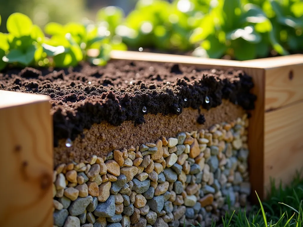 Layered Raised Bed Construction with Gravel Foundation - A professional DSLR close-up shot of a partially constructed raised garden bed, showcasing its cross-section layers in warm afternoon sunlight. The bottom 4-inch foundation layer of mixed-size river rocks and crushed granite is clearly visible, graduating from larger stones at the bottom to smaller ones on top. The gravel's varied earth tones contrast beautifully with the rich, dark soil layer above it. Natural wooden bed walls frame the scene, while water droplets visibly percolate through the gravel layer, demonstrating active drainage. A soft backdrop of lush garden foliage provides depth, with subtle lens flare adding warmth to the educational cross-section view. Photographic style: architectural detail shot, f/8 aperture, emphasizing texture and structural layers.