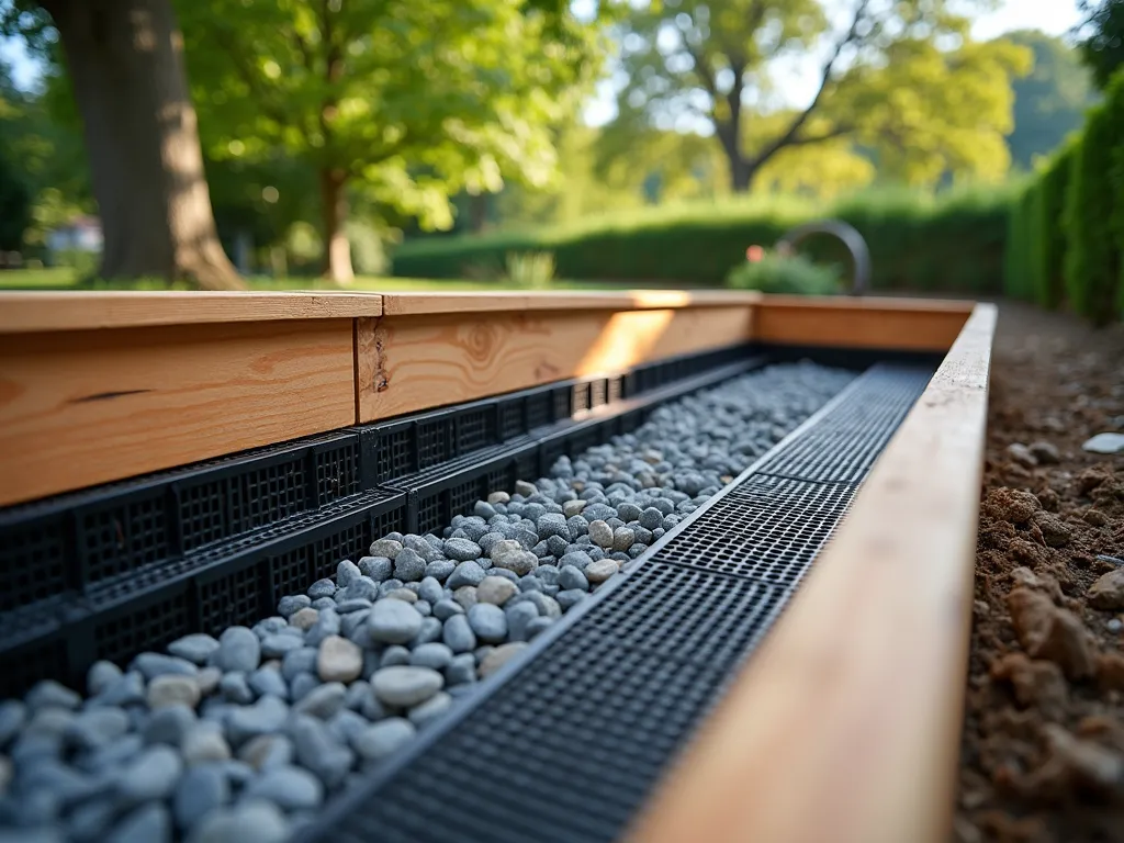 Grid Pattern Drainage System Installation in Raised Garden Bed - Professional DSLR wide-angle photograph of a partially constructed raised garden bed showcasing the installation of a modern drainage system. The image captures multiple layers: a precisely arranged grid of black perforated PVC pipes visible at the bottom, partially covered with a layer of decorative gray gravel. Natural morning sunlight casts subtle shadows across the scene, highlighting the technical precision of the pipe network. The bed's cedar wood sides provide warm contrast against the industrial elements. In the background, a lush garden setting with mature trees creates depth. The composition demonstrates both the technical and aesthetic aspects of garden bed construction, shot at f/8 with perfect depth of field revealing intricate details of both the drainage system and surrounding environment.