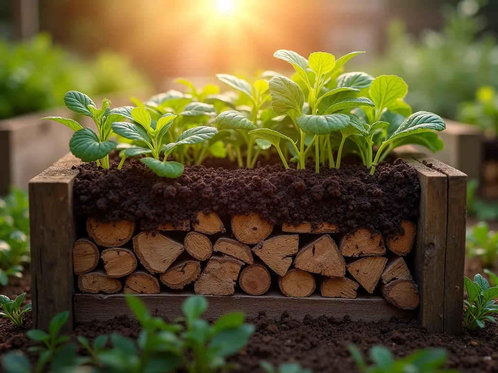 Hugelkultur Garden Bed Construction - Close-up dramatic perspective of a cross-sectioned raised garden bed at golden hour, showing layered construction with weathered logs, branches, and wood debris forming a solid foundation. Above the wood layer, rich dark soil gradients upward, with visible drainage paths. Morning dew glistens on fresh vegetables and herbs growing from the top layer. Natural wood-sided bed borders frame the scene, while a misty garden background shows established beds using the same technique. Photorealistic, high detail, earthy tones, with rays of sunlight highlighting the organic decomposition process.