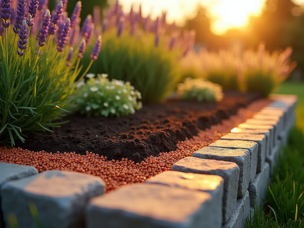 Hydroton Clay Pellet Garden Bed Base - Close-up professional DSLR photo of a partially constructed raised garden bed at golden hour, showing a cross-section view. The bottom layer features warm terracotta-colored Hydroton clay pellets creating a pristine drainage foundation, contrasting beautifully with rich dark soil above. Soft evening sunlight illuminates the different layers, highlighting the porous texture of the clay pellets. The surrounding garden setting includes blurred lavender plants and ornamental grasses in the background. Shot with shallow depth of field focusing on the bed's layers, creating an artistic and educational perspective. Clean, modern garden design aesthetic with natural stone edging.