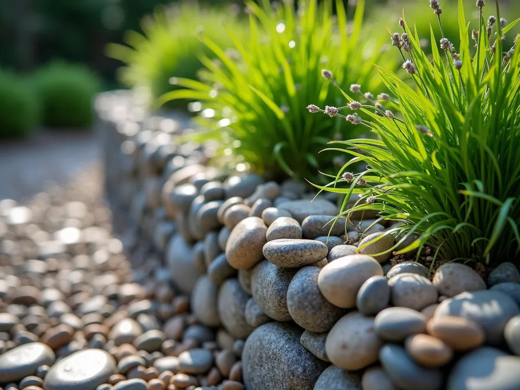 Layered Rock Garden Drainage Base - A close-up, afternoon shot of a beautifully layered raised garden bed edge, photographed at f/2.8 with soft natural lighting. The bed features an artistically arranged bottom layer of smooth river rocks gradually transitioning to smaller pebbles, creating a striking visual gradient. Japanese forest grass and creeping thyme cascade over the edge, their delicate foliage contrasting with the rugged stones. Moisture droplets glisten on the rocks, highlighting their natural colors and textures. The composition reveals the intelligent drainage system while maintaining an aesthetic appeal, captured with a 16-35mm lens that shows both detail and context.