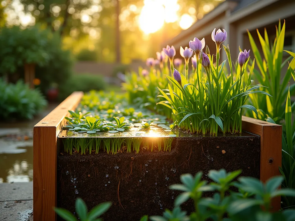 Living Filter Garden Bed with Moisture-Loving Plants - A stunning close-up perspective of a raised garden bed at golden hour, showcasing a natural drainage system with lush moisture-loving plants. Japanese iris, marsh marigolds, and dwarf cattails create a vibrant bottom layer, their roots visible through a semi-transparent section of the bed wall. Dramatic side lighting highlights water droplets on the foliage, while taller garden plants emerge from the upper layers. The natural wood raised bed features a modern design with clean lines, photographed with shallow depth of field focusing on the intricate root systems and water movement. A serene backyard setting with dappled sunlight filtering through trees creates a magical atmosphere.