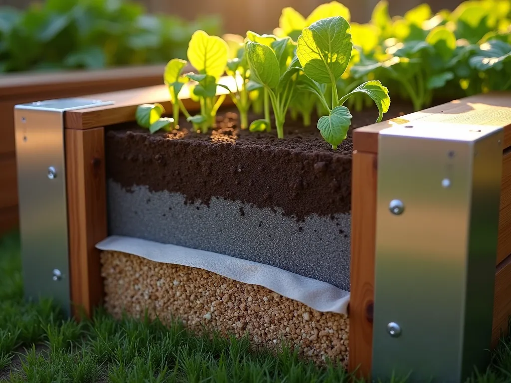 Modern Capillary Mat Drainage System in Raised Garden Bed - A close-up, detailed view of a modern raised garden bed showcasing a multi-layered drainage system at golden hour. The partially exposed side reveals the innovative capillary mat system, with water visibly being distributed evenly across the growing medium. The mat's moisture-wicking material sits perfectly between the soil and drainage layer, demonstrated through a cross-section view. High-end materials including cedar wood borders and brushed aluminum corners frame the bed, while lush vegetables and herbs thrive in the well-drained soil above. Soft, warm sunlight highlights the technical details of the system while creating beautiful shadows across the garden bed's surface. Photographed with shallow depth of field, emphasizing the engineering while maintaining an artistic composition. 16-35mm lens at f/2.8, ISO 400, creating a professional, magazine-quality image.