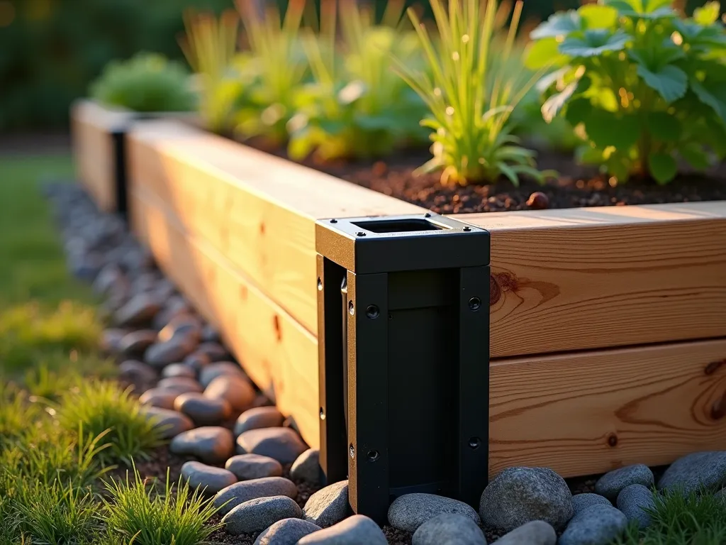 Modern Raised Bed Corner Drainage System - Close-up architectural view of a sleek cedar raised garden bed at golden hour, showcasing a professionally installed corner drainage port system. The black PVC drainage ports are discreetly integrated into each corner of the 4-foot-high bed, connecting to visible underground pipes. The bed is filled with rich, well-draining soil and flourishing vegetables. Soft evening light casts gentle shadows across the wooden structure, highlighting its clean lines and practical design. Shot at f/2.8 with selective focus on the corner detail, creating a beautiful bokeh effect with the lush garden background. The drainage system demonstrates both functionality and aesthetic integration, with small decorative river rocks surrounding the bed's base where the ports exit.