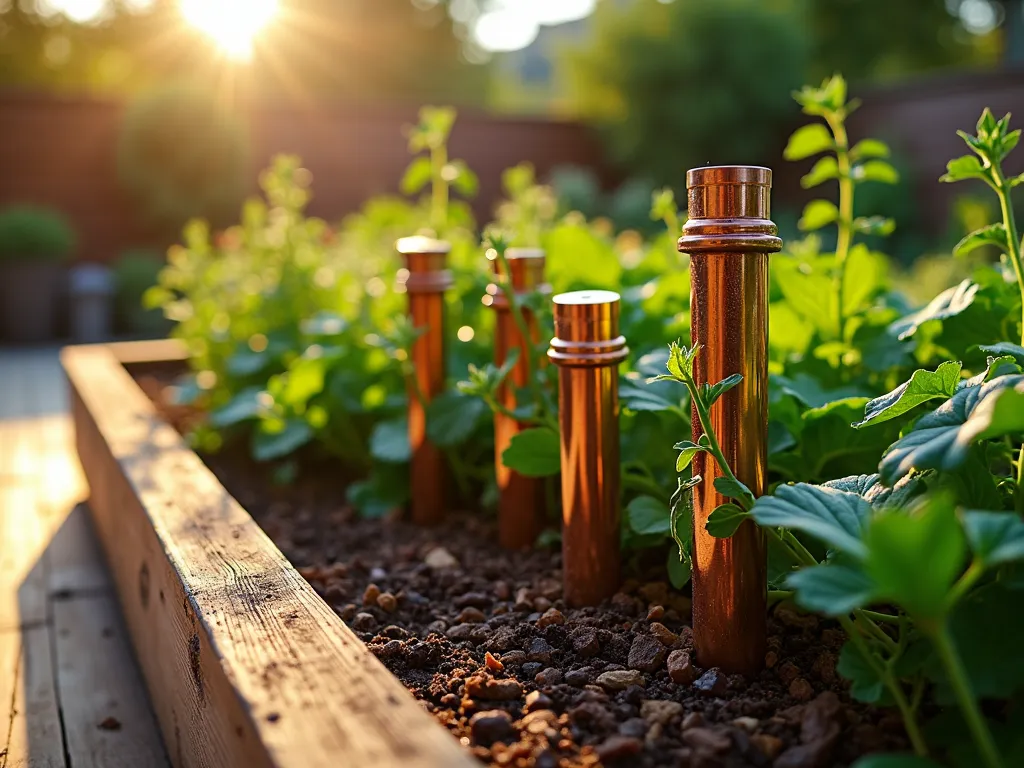 Modern Garden Bed Aeration System - DSLR wide-angle photo of a meticulously designed raised garden bed at golden hour, featuring decorative copper aeration tubes emerging from rich soil. The tubes are artfully wrapped with climbing jasmine and their tops adorned with ornamental copper caps. Surrounding vegetable plants are thriving, with deep green foliage catching the warm evening light. The soil surface shows a layer of natural mulch, and condensation on the tubes indicates active moisture management. Shot at f/8 with natural lighting highlighting the contrast between the metallic tubes and organic garden elements. Background shows a modern patio with wooden decking, creating depth and context.