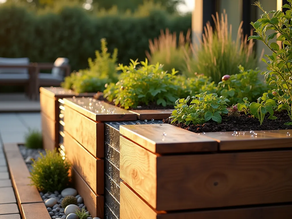 Modern Raised Bed with Integrated Wall Drainage - A close-up architectural shot of a contemporary raised garden bed at golden hour, featuring sleek cedar walls with stylishly integrated vertical drainage channels. The channels are made of brushed stainless steel, creating an elegant contrast against the warm wood. Small cascading plants spill over the edges, while vegetables and herbs thrive in rich, well-drained soil. Water droplets visibly flow through the channels, highlighting the functional design. The background shows a modern patio with minimalist furniture, while ambient lighting emphasizes the technical beauty of the drainage system. Photorealistic, high detail, cinematic lighting.