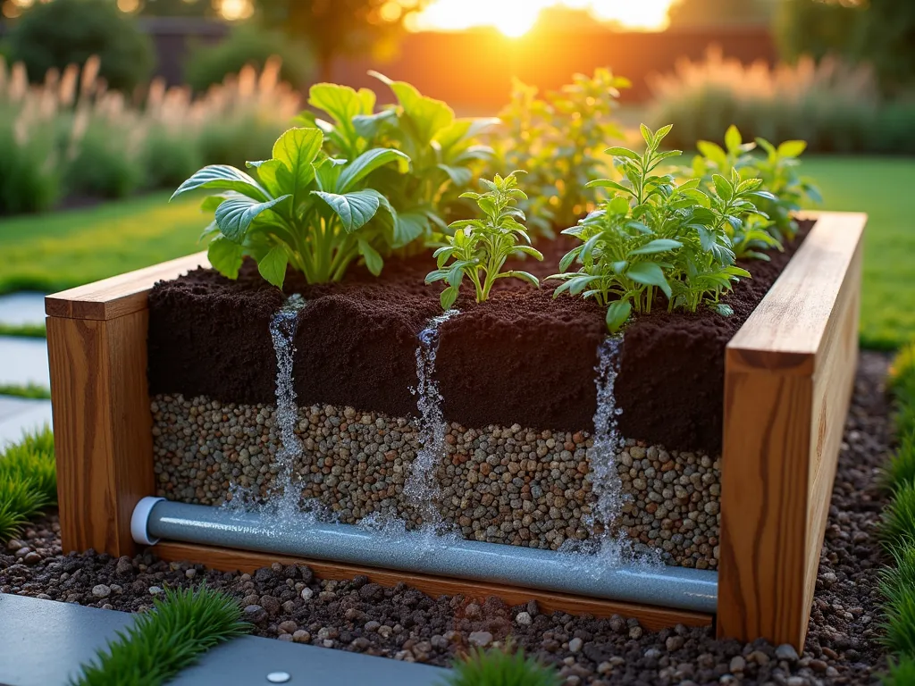 Modern Wicking Bed System in Sunset Garden - A detailed cross-section view of a modern raised garden bed at sunset, showcasing the innovative wicking bed system. The bed features clear layers: a bottom water reservoir filled with gravel and a perforated pipe, separated by landscape fabric from rich, dark soil above. A sleek overflow pipe is visible at one end. The bed is constructed from contemporary cedar planks and contains thriving vegetables and herbs. Soft golden sunlight illuminates water droplets moving through the soil layers, creating a ethereal effect. The background shows a well-maintained garden with ornamental grasses and stone pathways.