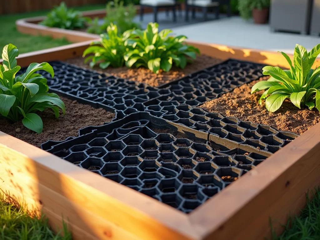 Modern Modular Drainage System Installation - Close-up photographic view of a partially constructed raised garden bed showing layers of black honeycomb-style drainage cells being installed, with some sections already filled with soil and others exposed to demonstrate the innovative drainage system. Late afternoon sunlight casts subtle shadows across the geometric patterns of the drainage blocks, while lush green plants await planting nearby. The modern drainage system is surrounded by a clean, contemporary cedar-framed raised bed in a well-maintained backyard setting, with a sleek patio visible in the background. Hyper-detailed photography captures the technical precision of the drainage cells, showcasing their structural integrity and water management capabilities.