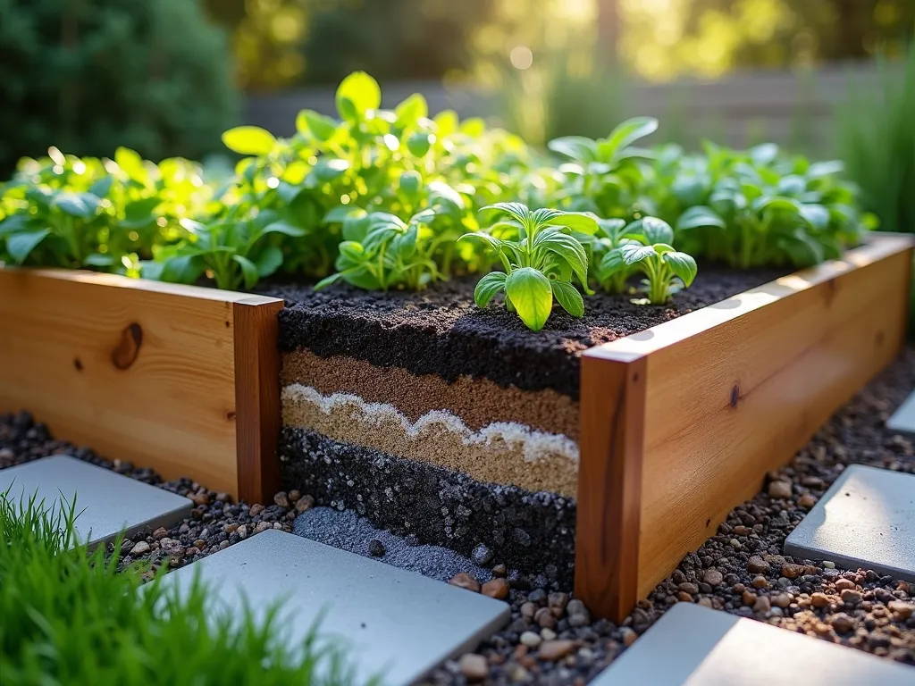 Multi-Layer Garden Bed Filtration System - Professional DSLR photograph of a modern raised garden bed with a partially exposed cross-section, showcasing a sophisticated multi-layer drainage system. The layers are clearly visible: a bottom layer of large gravel, followed by activated charcoal, coarse sand, and rich topsoil, all contained within a sleek cedar wood frame. Natural afternoon sunlight casts subtle shadows, highlighting the texture of each material. The top of the bed features thriving herbs and vegetables, while water droplets visibly filter through the layers, demonstrating the system's effectiveness. Shot at f/8 with a wide-angle lens, capturing both the detailed filtration layers and the surrounding contemporary garden landscape with decorative stone pathways and lush greenery in soft bokeh.