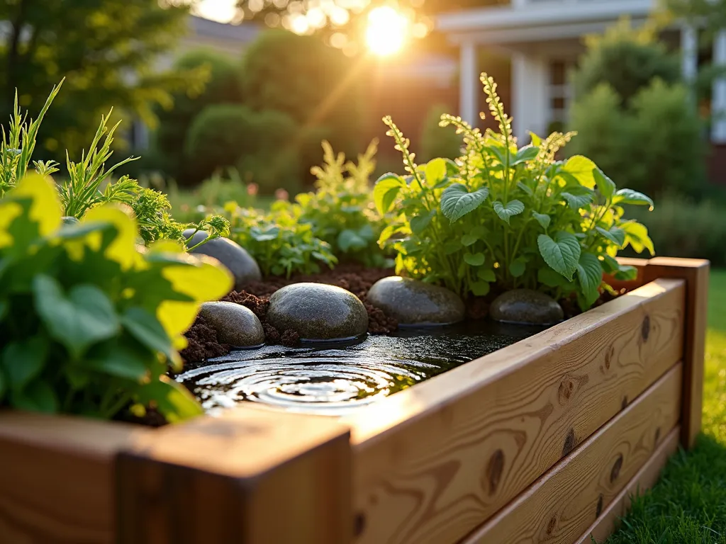 Sloped Garden Bed with Natural Drainage Design - A professional, detailed photograph of a modern raised garden bed with a visibly sloped bottom, shot during golden hour. The bed features natural cedar planks and is elevated to showcase the innovative drainage design. The bottom slopes gently towards a central drainage point, marked by decorative river rocks. Lush vegetables and herbs cascade over the edges, while a close-up perspective reveals the intricate engineering of the sloped base. Morning dew glistens on plant leaves, and a subtle water flow pattern is visible through the transparent drainage system. The background shows a well-maintained backyard garden with dappled sunlight filtering through nearby trees.