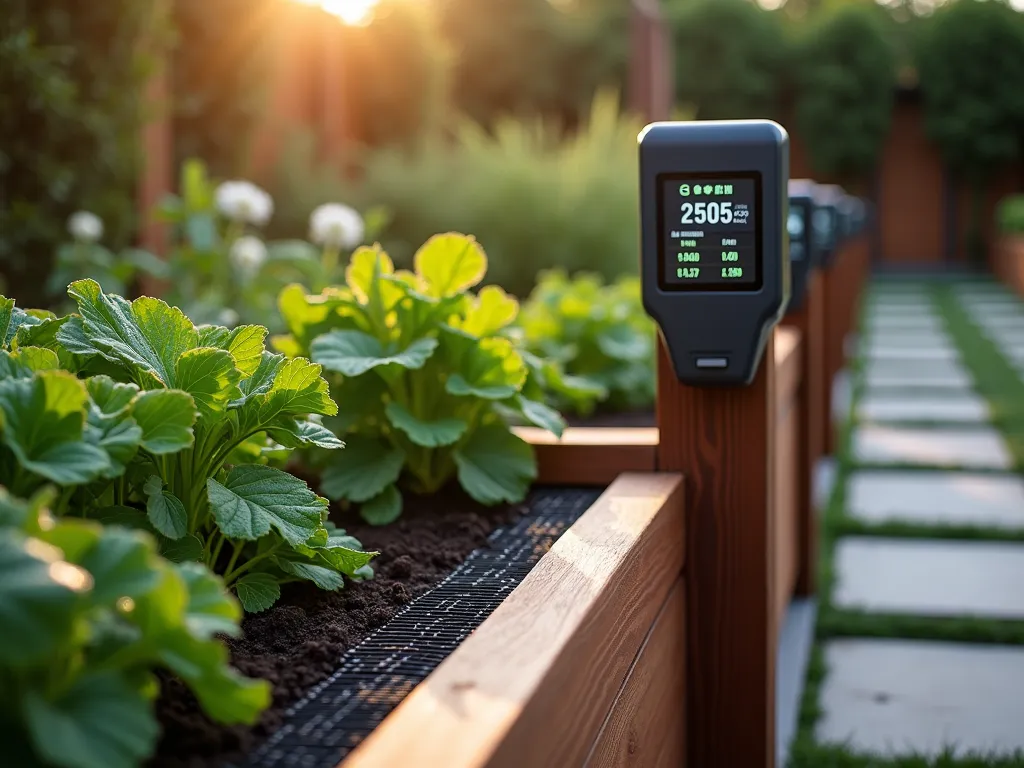 Smart Garden Drainage Monitoring System at Dawn - A professional DSLR wide-angle shot of a sophisticated raised garden bed at dawn, captured with morning dew glistening on plants. Modern moisture sensors with sleek LED indicators are strategically placed throughout the bed, connected to a stylish smart control panel mounted on a cedar post. The bed features perfect drainage channels visible along its edges, with a digital display showing real-time soil moisture readings. The garden bed contains thriving vegetables and herbs, demonstrating optimal drainage conditions. Soft morning light illuminates the scene, highlighting the technology's seamless integration with nature. The background shows a well-maintained contemporary garden with geometric pathways and subtle landscape lighting. Shot with shallow depth of field focusing on the smart monitoring system, creating a beautiful bokeh effect on the background vegetation.