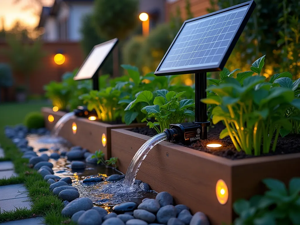 Solar-Powered Smart Garden Drainage System at Dusk - A professional photograph of a modern raised garden bed with an innovative solar-powered drainage system, captured at dusk. The scene shows sleek black solar panels mounted on decorative posts, connected to a discrete pump system. Small LED indicators glow softly, indicating active water management. Crystal-clear water flows through transparent tubes into a decorative rock drainage area. The garden bed features lush vegetables and herbs thriving in well-drained soil. Ambient garden lighting creates a magical atmosphere, with the last rays of sunset reflecting off the solar panels. Modern rain sensors are visible at strategic points. The composition includes surrounding landscape elements like stone pathways and architectural plants, shot in medium-wide angle to showcase the complete sustainable drainage solution.