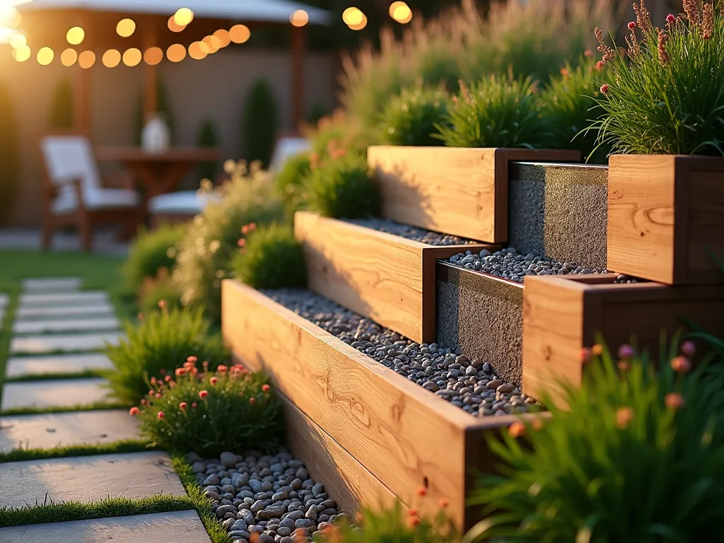 Elegant Stepped Garden Bed Drainage System - A professionally photographed raised garden bed featuring a sophisticated stepped drainage design, captured during golden hour. The wide-angle shot showcases multiple tiers descending in height, each layer visible through a partially transparent side panel. Crushed stone and gravel layers are artfully exposed, creating a striking visual pattern. The bed is flourishing with a mix of ornamental grass and flowering perennials. Natural sunlight highlights the precision of the engineering while casting warm shadows across the wooden structure. The background features a blurred modern patio setting with string lights, creating depth and context. The craftsmanship of the cedar wood construction is evident, with the stepped internal structure clearly demonstrating the innovative drainage solution. Professional DSLR capture with precise depth of field showing both structural detail and garden beauty.