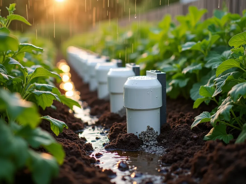 Vertical Drainage Column Installation in Raised Garden Bed - Close-up perspective of a modern raised garden bed during light rainfall, showcasing a professional installation of vertical PVC drainage columns. The white PVC pipes, partially visible above the rich, dark soil, are surrounded by lush vegetable plantings and herbs. Gravel-filled columns are clearly visible through the translucent pipes, creating an elegant engineering solution. Water droplets cascade down the pipes, demonstrating active drainage in process. The evening golden hour lighting casts warm shadows across the garden bed, while water glistens on nearby plant leaves. Shot with shallow depth of field focusing on the drainage column detail, with the background garden softly blurred.