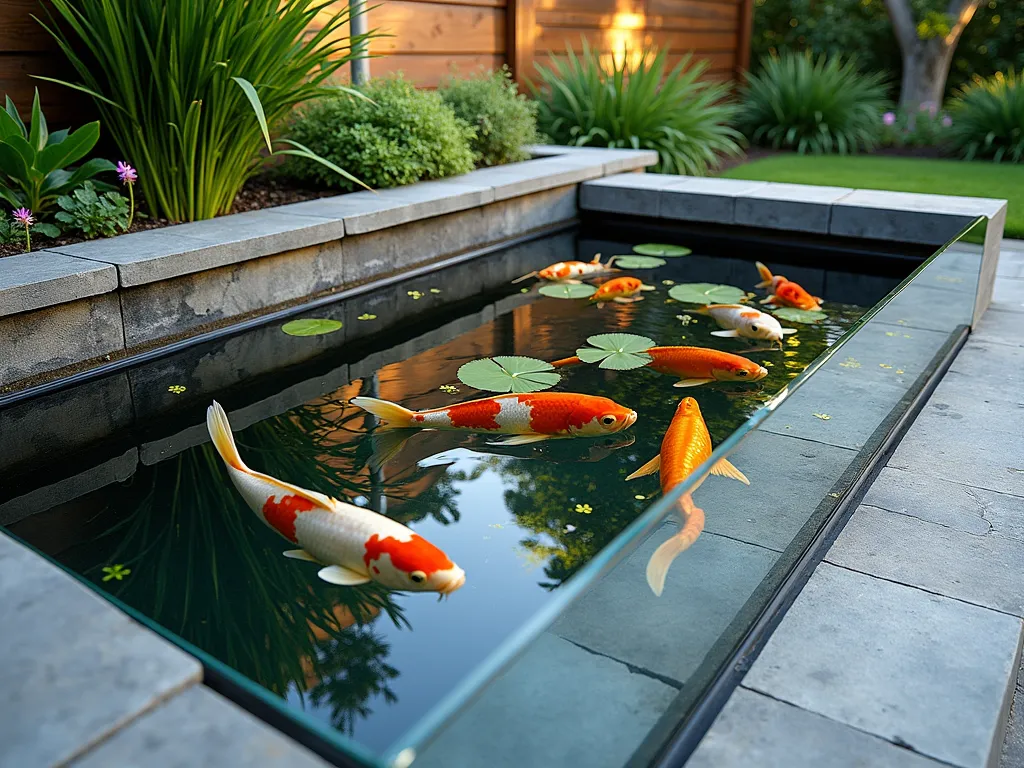 Modern Raised Pond with Glass Viewing Panel - A stunning architectural raised garden pond with a crystal-clear glass viewing panel on one side, showcasing colorful koi fish swimming gracefully inside. The pond features natural stone cladding, with water plants like water lilies floating on the surface. The glass panel is professionally installed and illuminated from within, creating a dramatic aquarium-like effect. Clean modern lines contrast with the organic movement of the water and fish. Lush marginal plants frame the top edges of the raised structure. Shot during golden hour with perfect reflection on the glass surface.