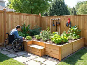 Accessibility Features - Side view of an ergonomically designed raised garden bed with built-in seating and tool storage along a fence, showing wheelchair accessibility features and comfortable reaching distances