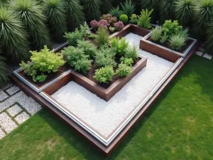 Aerial View Modern Corner Garden - Drone view of an L-shaped raised garden bed with geometric patterns, dark stained wood, white gravel pathways, and systematic herb planting arrangement. Contemporary design with metal trim