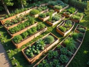 Aerial Tiered Garden Vista - Drone view of multiple tiered raised beds following a curved fence line, showing geometric patterns of herbs and vegetables in natural wood beds, morning light casting interesting shadows