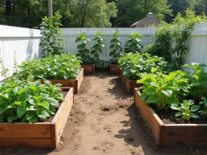 Alternating Heights Pattern - Regular and tall rectangular raised beds alternating in height, made from reclaimed wood, against a white fence with climbing vegetables, wide angle view