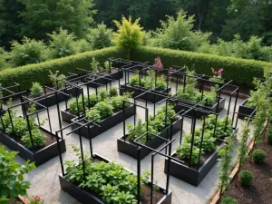 Architectural Trellis Integration - Aerial shot of multiple tiered raised beds with modern black steel trellis frameworks, supporting young grapevines and climbing roses, architectural garden style