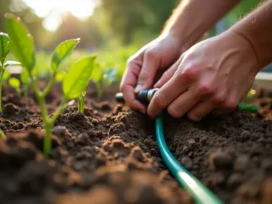 Automated Drip Installation - Close-up action shot of installing drip irrigation in a new raised bed, showing proper placement between soil layers, warm natural lighting